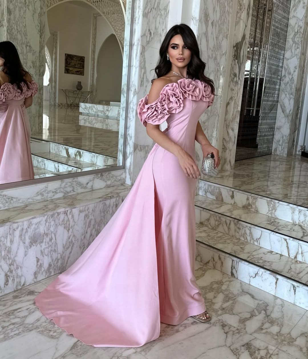 Glamorous Pink Satin Floral Off the Shoulder Prom Dress with Train