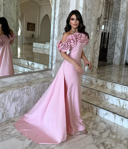 Glamorous Pink Satin Floral Off the Shoulder Prom Dress with Train