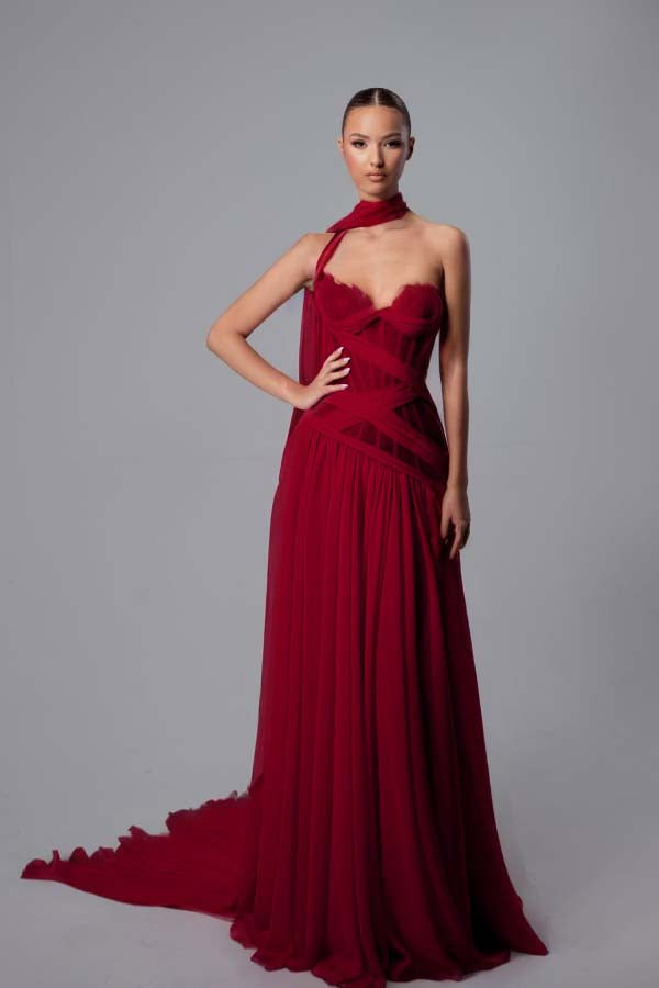 Stunning Fuchsia Chiffon Sleeveless Sweetheart Lace Prom Dress with Scarf