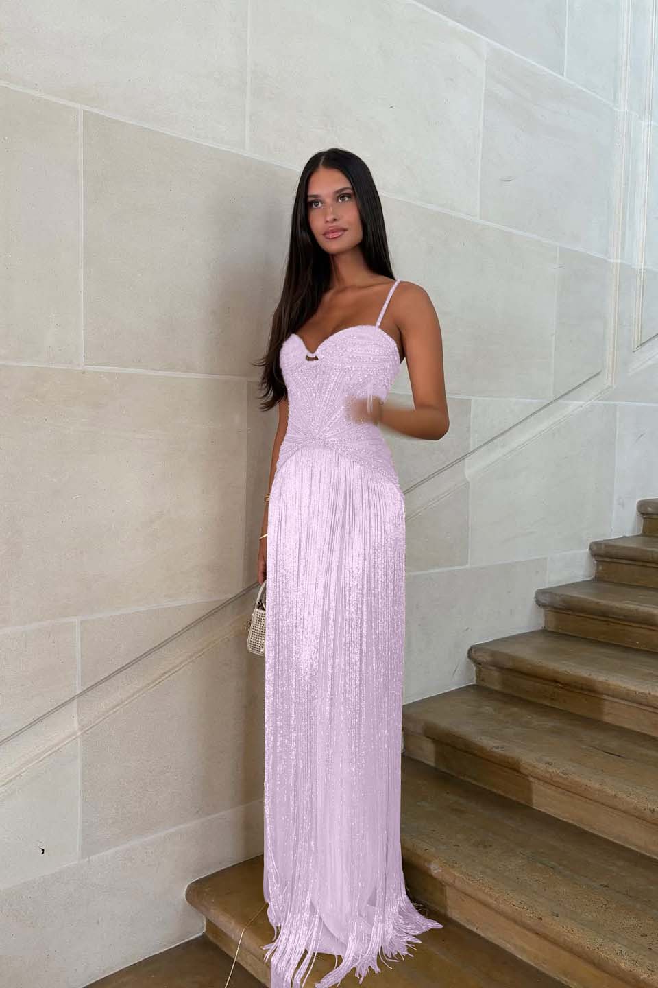 Elegant Sequin Fringe Long Sleeveless Prom Dress with Spaghetti Straps