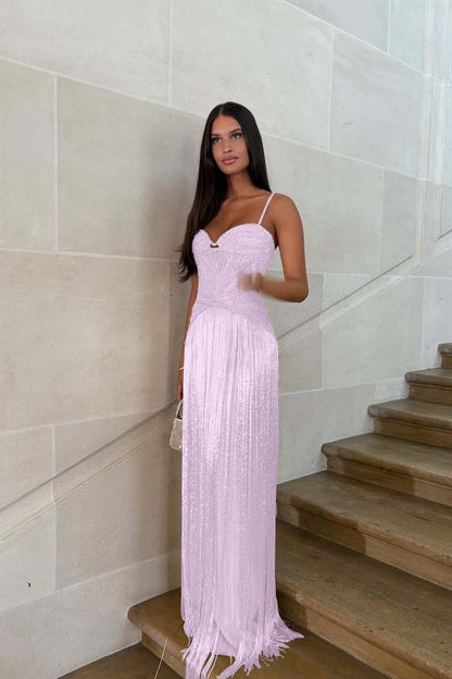 Elegant Sequin Fringe Long Sleeveless Prom Dress with Spaghetti Straps