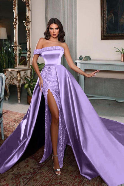 Charming Burgundy Satin One Shoulder Sleeveless Split Long Prom Dress with Beadings