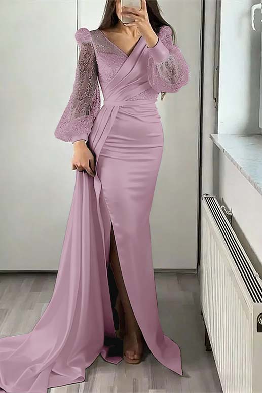 V-Neck Long Sleeves Sequins Mermaid Split Evening Dress With Ruffle