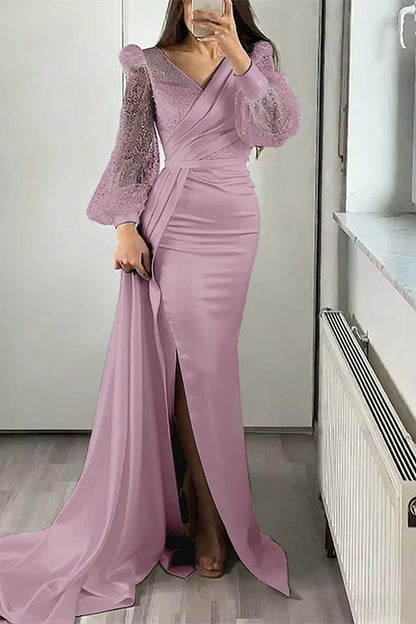 V-Neck Long Sleeves Sequins Mermaid Split Evening Dress With Ruffle