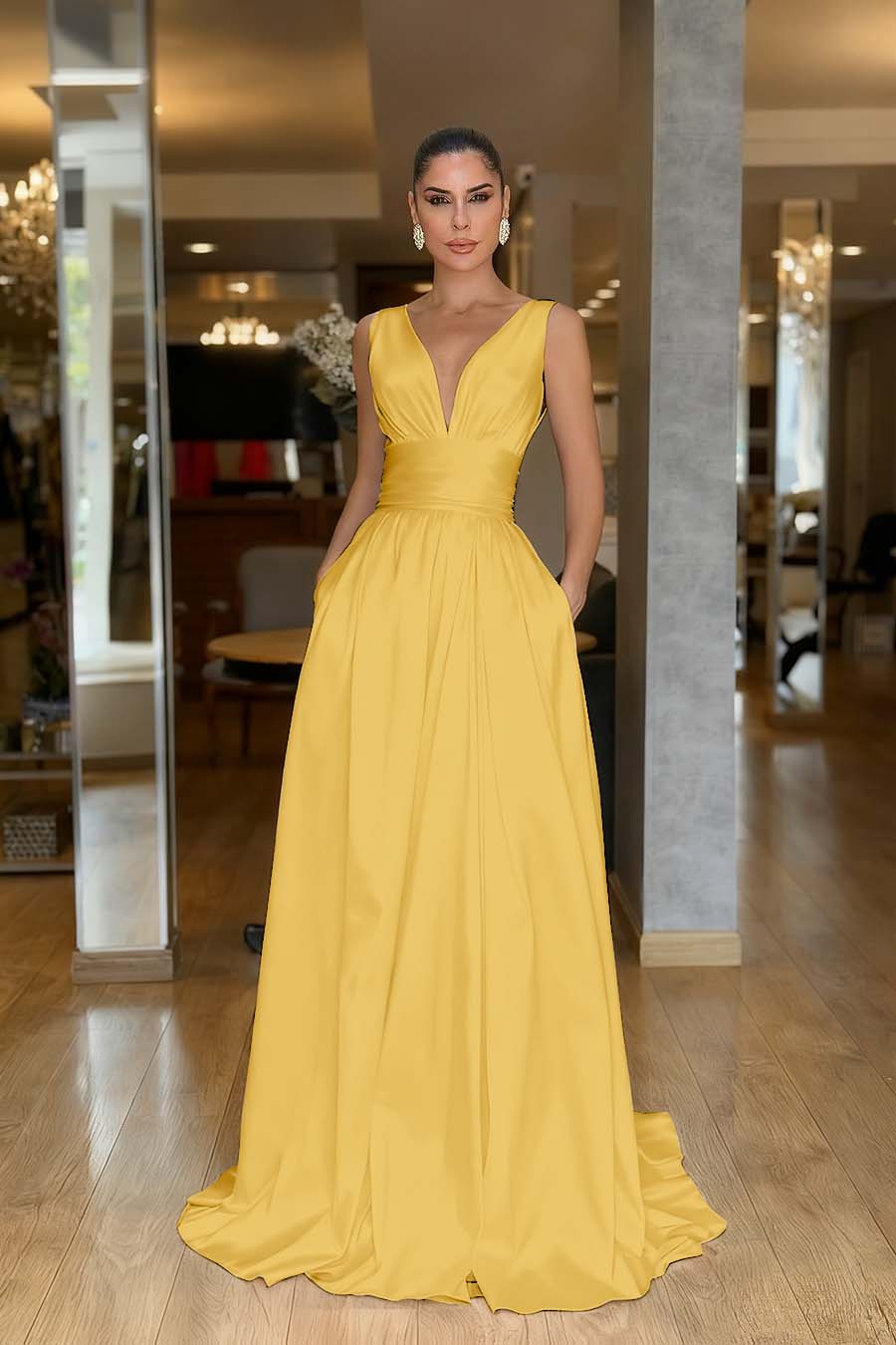 Chic Red Satin Spaghtti Strap Sleeveless V Neck Long Prom Dress with Pleated