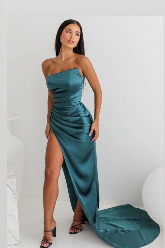 Elegant Teal Strapless Satin Prom Dress With Asymmetric Draping And Thigh-High Split