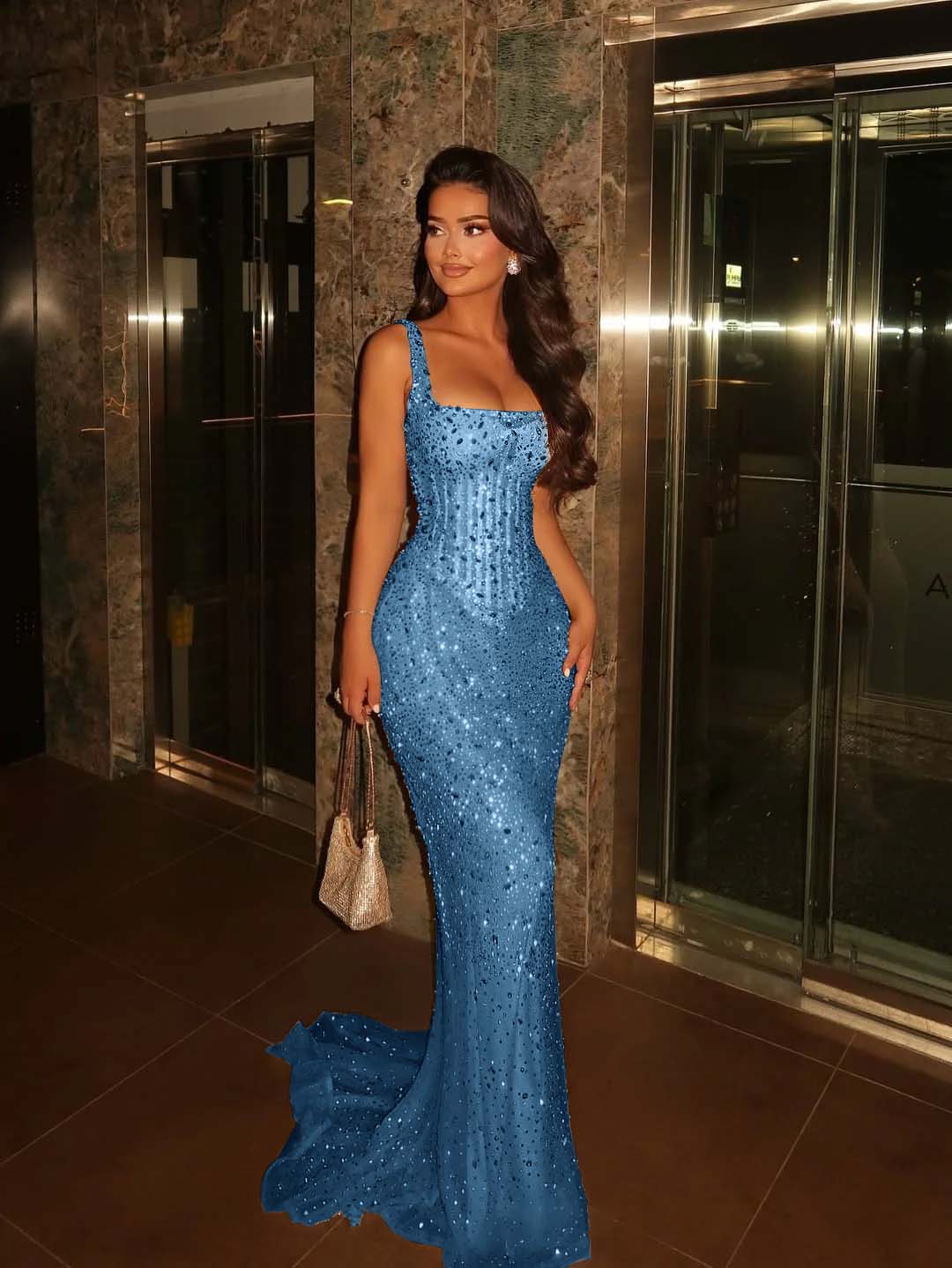 Lavish Square Sleeveless Wide Straps Beaded Mermaid Prom Dress