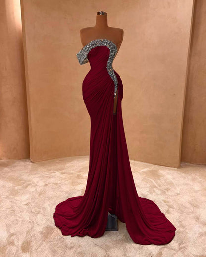 Light Purple Sleeveless Strapless Mermaid Beads Prom Dress