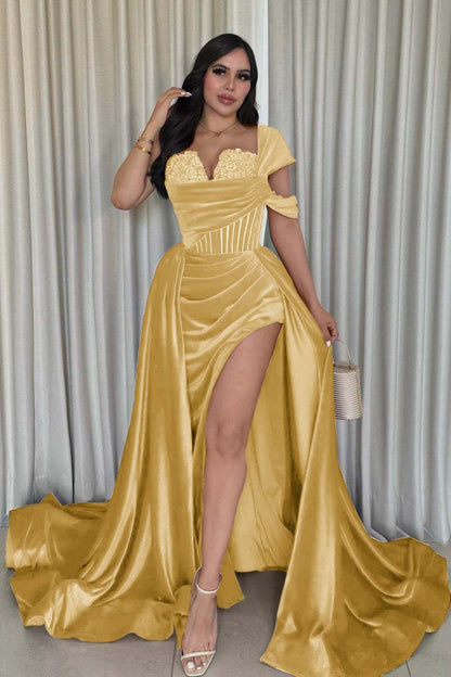 Glamorous Velvet One Shoulder Sleeveless Long Pleated Prom Dress with Split