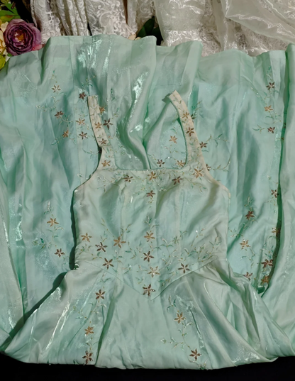 Chic Mint Green Halter Satin Tulle Embroidery Beaded Long Party Dress Evening Gown D2364
