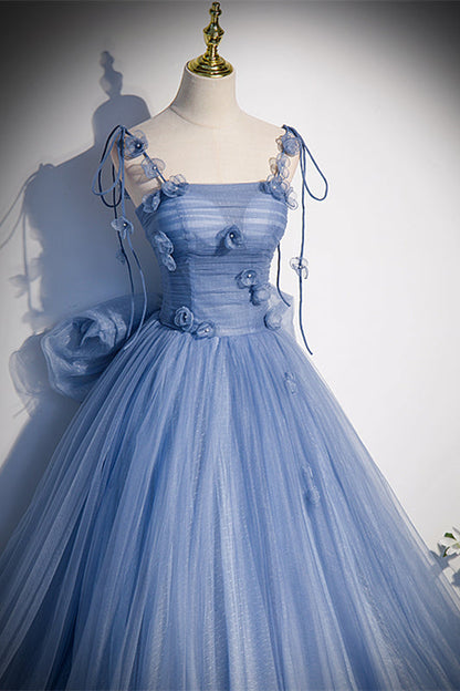 Tulle A-Line Tie Straps Prom Party Dress With Florals And Bow