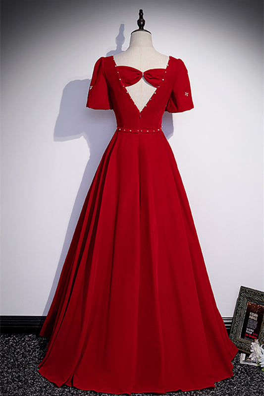 Square Empire Short Sleeves A-Line Satin Long Party Prom Dress