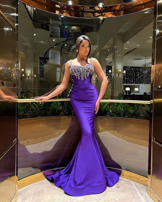 Mermaid Sleeveless Spaghetti Straps Square Beads Prom Dress