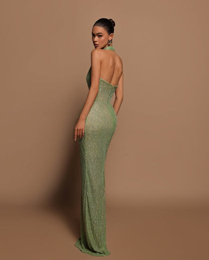 Glamorous Sleeveless Halter Straps Deep V-Neck Prom Dress With Beads