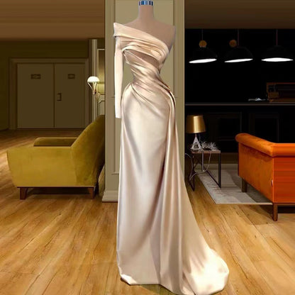 One Shoulder Champagne Long Sleeves Prom Dress Mermaid