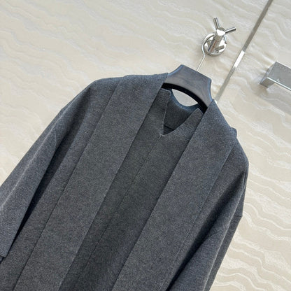 The Row High-End Wool Short-Sleeved Dress With a Ribbon Scarf Gray Wool 304590