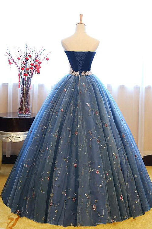 Royal Blue Sweetheart Ball Grown Evening Dress Pearl With Appliques Sleeveles