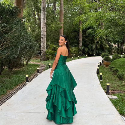 Dark Green Sleeveless Strapless A Line Long Prom Dress With Pleated