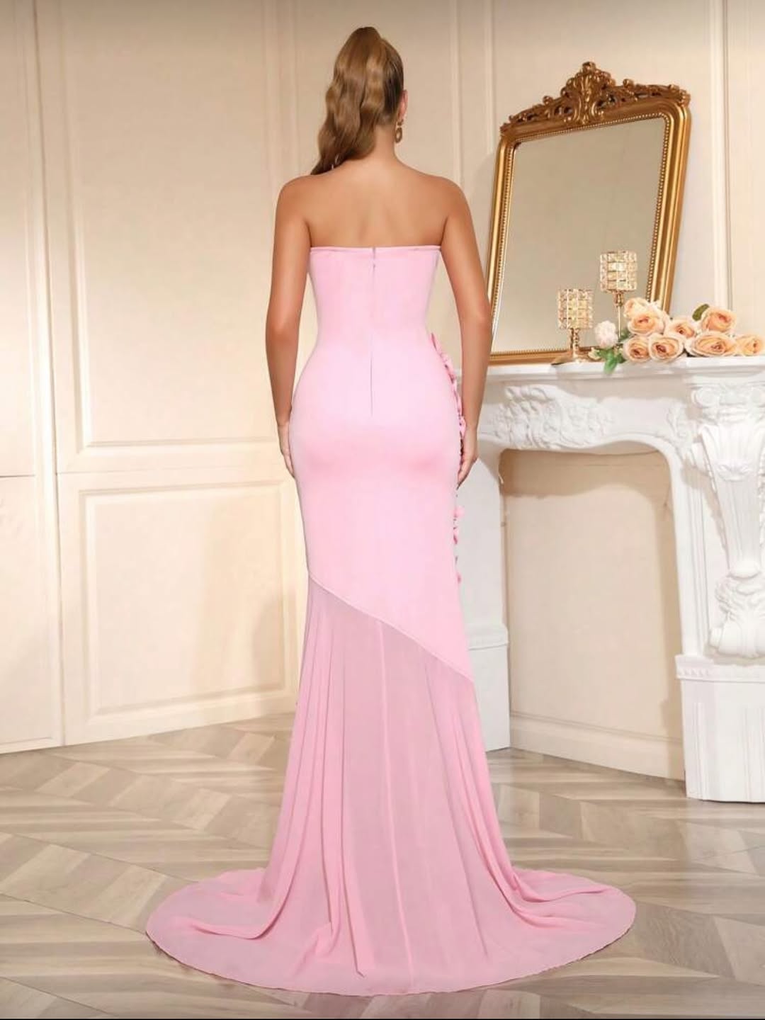 Elegant Sleeveless Satin Square Strapless Mermaid Prom Dress With Handmade Flower