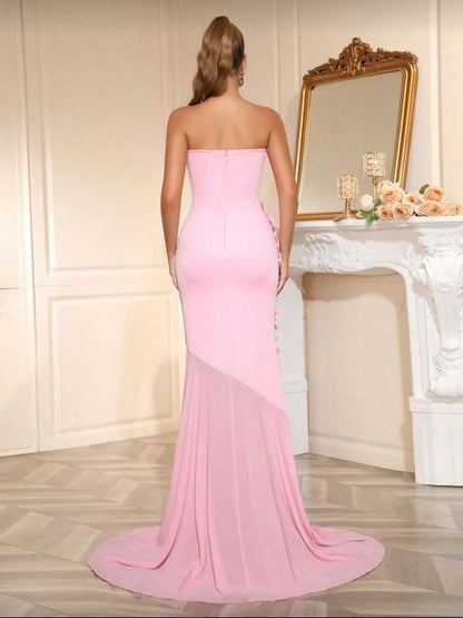 Elegant Sleeveless Satin Square Strapless Mermaid Prom Dress With Handmade Flower