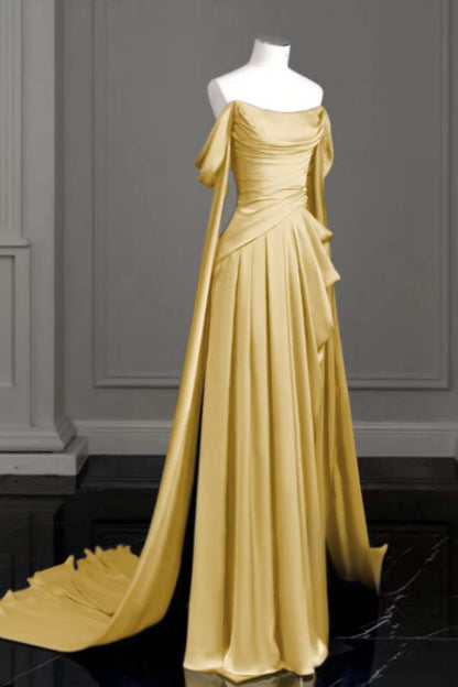 Sleeveless Off-The-Shoulder Pleated Long Prom Dress With Trailing On Both Sides