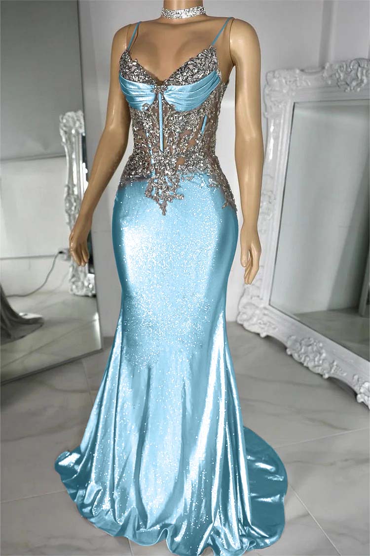 Spaghetti Strap Sleeveless V-Neck Mermaid Long Prom Dress With Sequins
