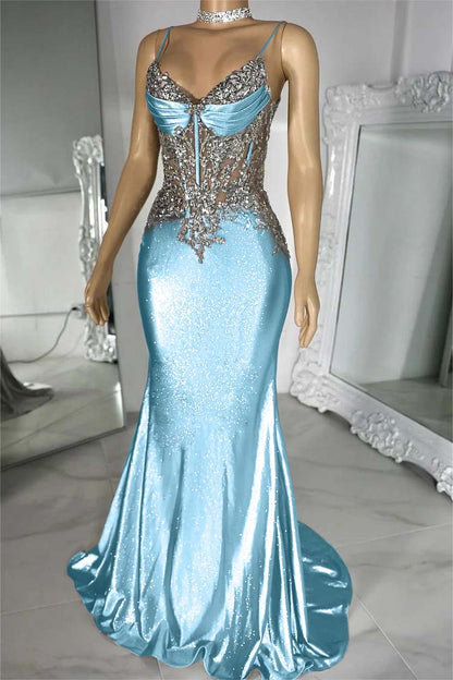 Spaghetti Strap Sleeveless V-Neck Mermaid Long Prom Dress With Sequins