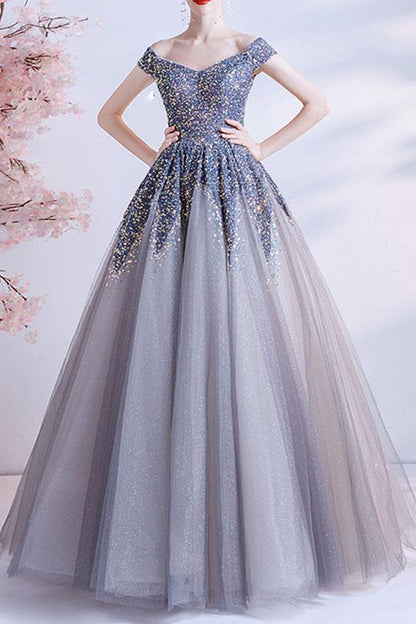 Gorgeous Off-The-Shoulder Long Ball Grown Prom Dress With Sweetheart Sequins