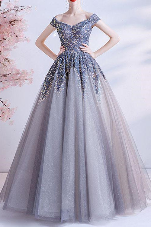 Gorgeous Off-The-Shoulder Long Ball Grown Prom Dress With Sweetheart Sequins