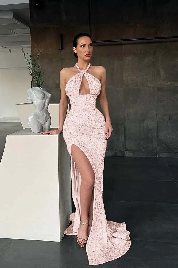 Sleeveless Halter Long Sequins Mermaid Evening Dress With Slit