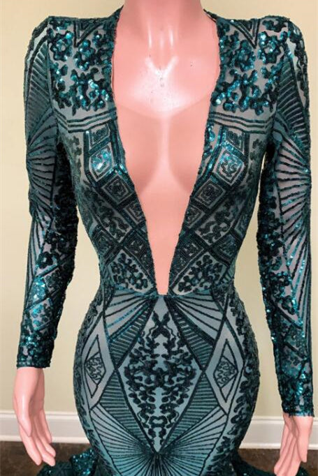 Emerald Long Sleeves V-Neck Sequins Lace Prom Dress Mermaid