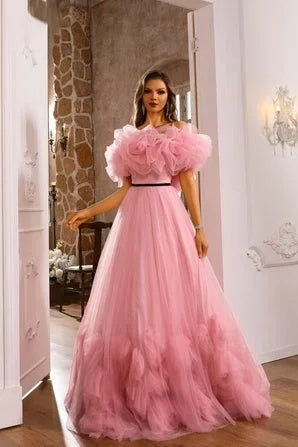 Romantic Pink Flower Off-the-shoulder Layered Couture Evening Dress