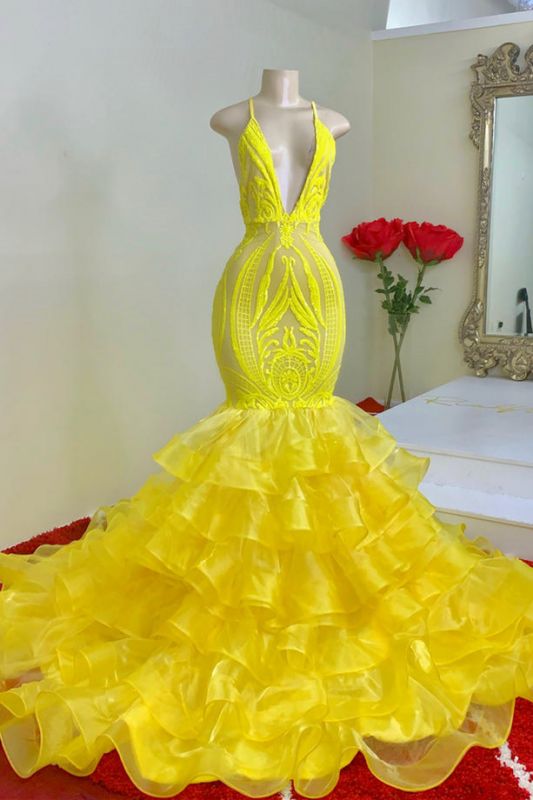 Mermid Yellow Spaghetti-Straps Prom Dress Lace With Ruffles