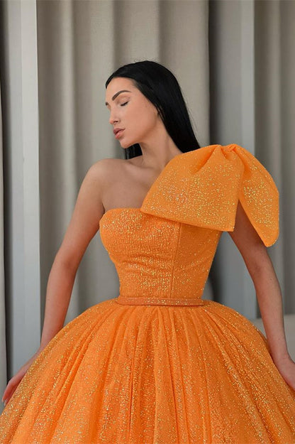 One-Shoulder Orange Ball Gown Evening Dress With Sequins