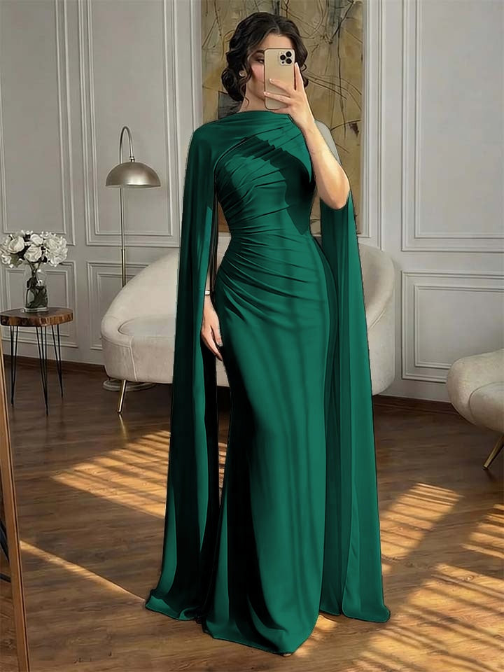 Fashionable Dark Navy Asymmetric Sleeveless Pleated Prom Dress With Scarf
