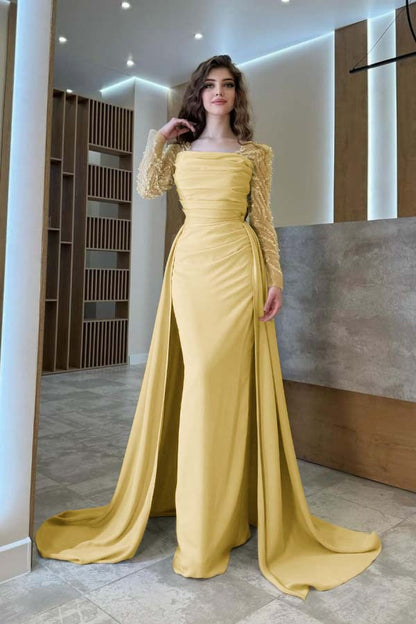 Gentle Beaded Long Sleeves Prom Dress With Detachable Trail