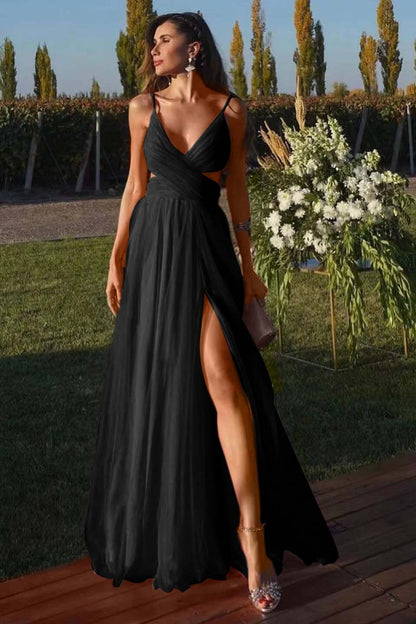 Fuchsia Spaghetti-Straps A Line Prom Dress Tulle With Split