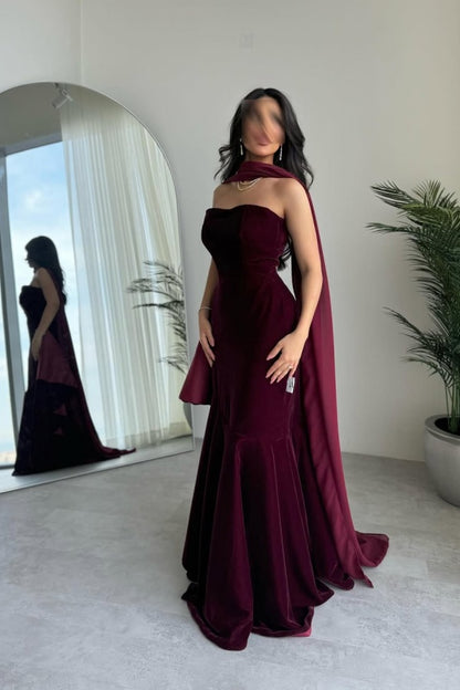 Burgundy Strapless Velvet Long Prom Dress Sleeveless