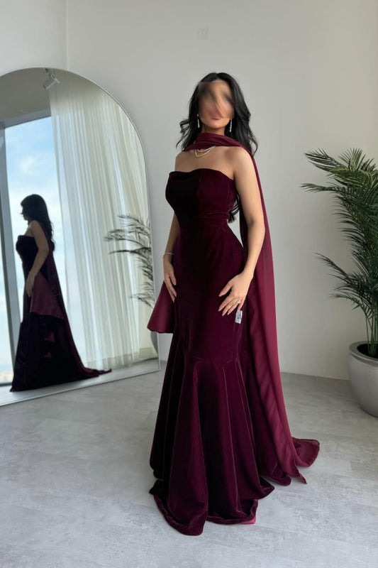 Burgundy Strapless Velvet Long Prom Dress Sleeveless