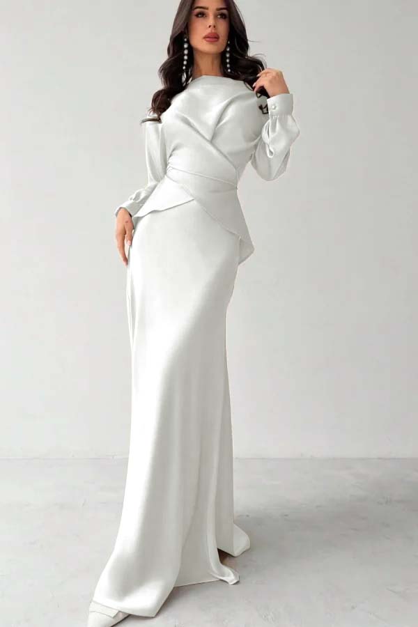 Glamorous Champagne Satin Long Sleeves Jewel Neck Slim Prom Dress