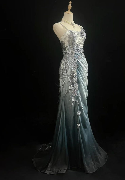 Blue Retro Mermaid Spaghetti Straps Appliques Satin Prom Dress Party Dress SH3297