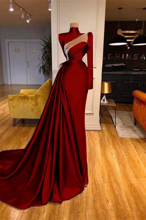 High Neck Long Sleeves Mermaid Prom Dress Beadings With Ruffles