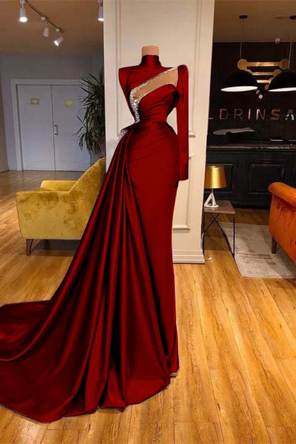 High Neck Long Sleeves Mermaid Prom Dress Beadings With Ruffles
