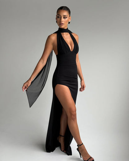 Black Sleeveless Halter Straps Deep V-Neck Mermaid Prom Dress With Split