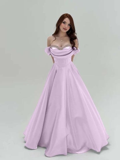 Elegant Off-The-Shoulder Beadings A-Line Pletaed Evening Dress