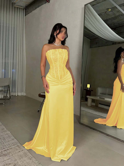 Sleeveless Square Mermaid Strapless Beads Prom Dress