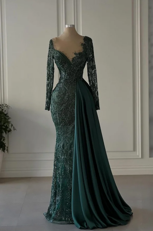 Elegant Dark Green Luxurious Embroidery Mermaid Prom Dress With Satin Trailing