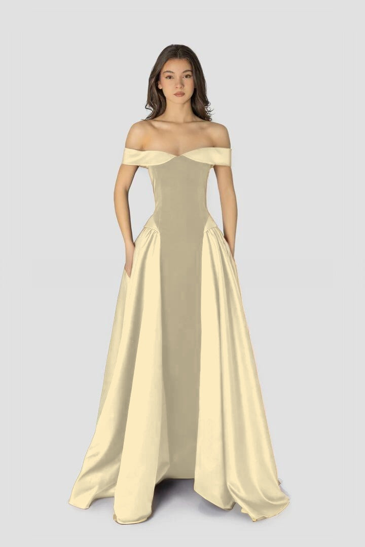 Dreamy Satin Sleeveless Off the Shoulder A-Line Long Evening Dress