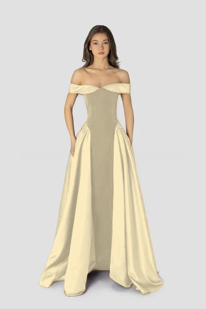 Dreamy Satin Sleeveless Off the Shoulder A-Line Long Evening Dress