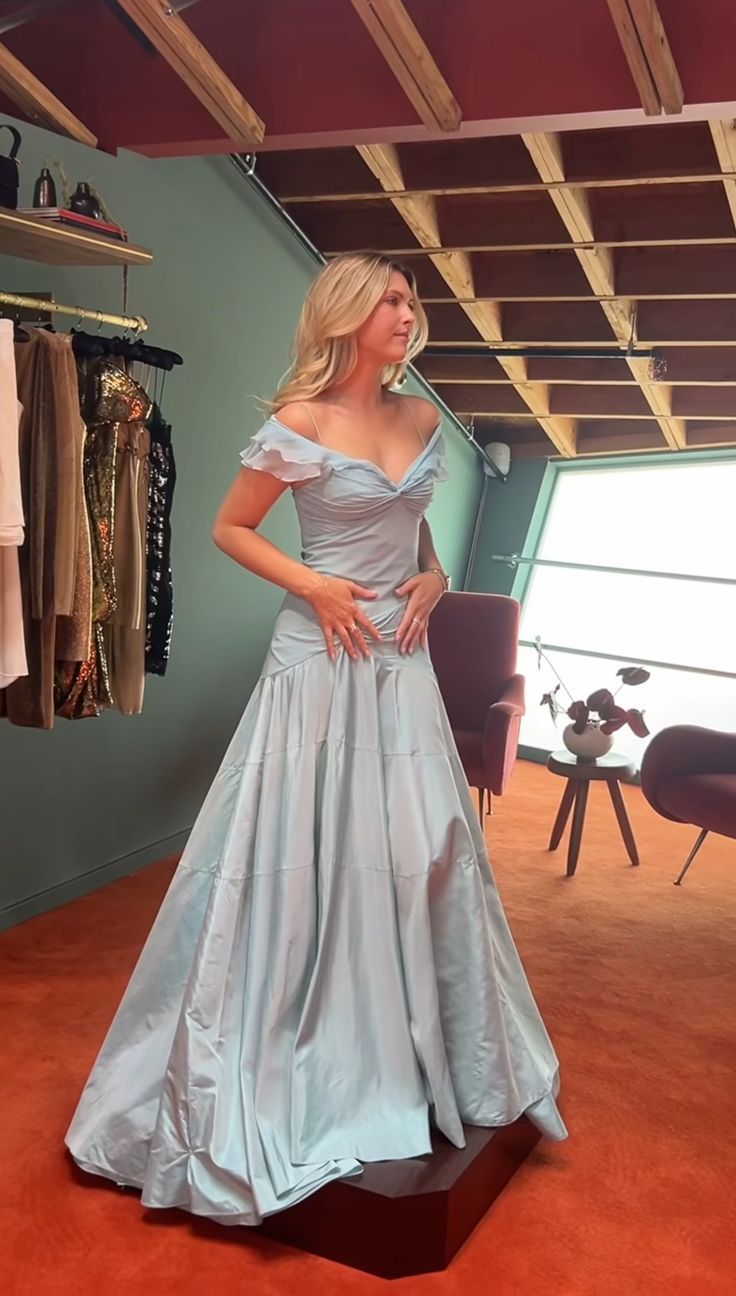 Retro Style A Line Off the Shoulder Blue Satin Long Party Dress Prom Dress SH2611